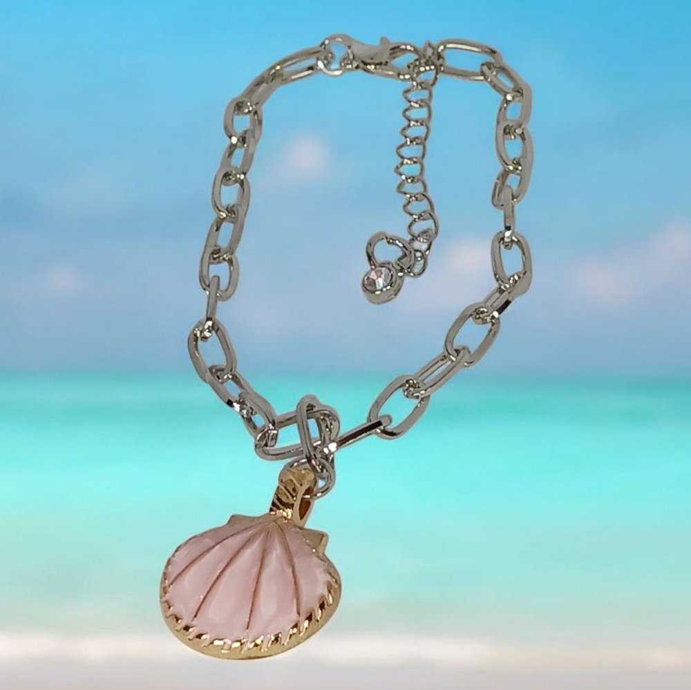 White Gold Ankle Bracelet with Pink Enamel Shell Charm Oceancore Seaside Y2k 00s